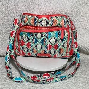 Vera Bradley Red and Green Crossbody Bag with Geometric Pattern